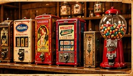 Nostalgische Illustration einer Sammlung verschiedener Warenautomaten