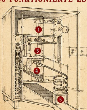 Illustrative Schnittzeichnung eines historischen Warenautomaten mit innerer Mechanik