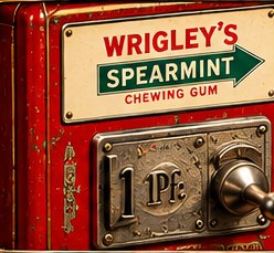 Nostalgische Illustration eines Kaugummiautomaten mit historischer Werbung
