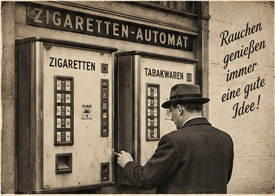 Historische Darstellung eines Zigarettenautomaten mit Kunde